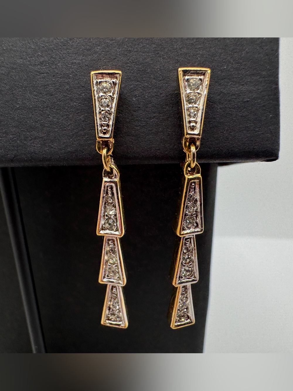 Nina Ricci Vintage Stamped Geometric Tier Dangle Gold-toned Clip-on Earrings